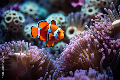 close up of an anemone in the deep sea with clown fishes