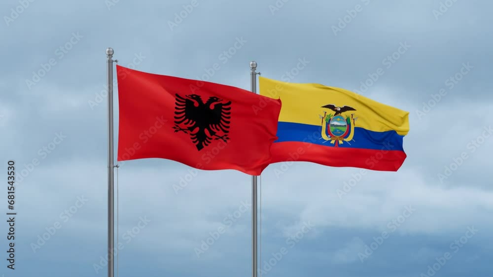 Ecuador flag and Albania flag waving together on cloudy sky, endless seamless loop, two country relations concept Ecuador flag and Albania flag waving together on cloudy sky, endless seamless loop, two country relations concept