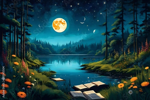 beautiful landscape, forest with river, night, full moon, beatiful stars, summer, flowers, book illustration, light fantasy, Lora Model: TonySartV4,AdamHughesStyle photo