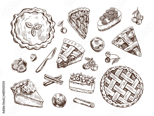 Hand-drawn vintage set of traditional cakes, tarts and pies sketch. Sweet bakery. Top view. Vector collection of ink baking illustration. Food for Thanksgiving, Christmas.