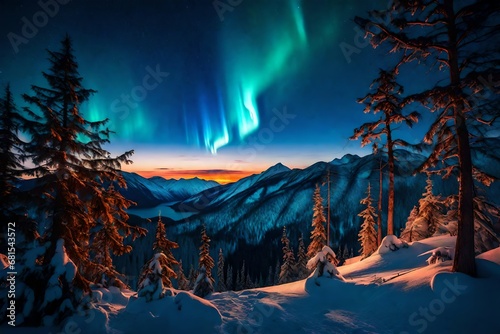  northen lights, dark orange, ultramarine bleu, with big mountains infront and black trees in the front, realistic, jesus cross on the mountain in light, trending on artstation, sharp focus, studio ph