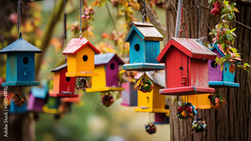 colorful bird house in a park, colorful birds in a garden