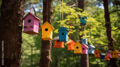 colorful bird house in a park, colorful birds in a garden © Hayk