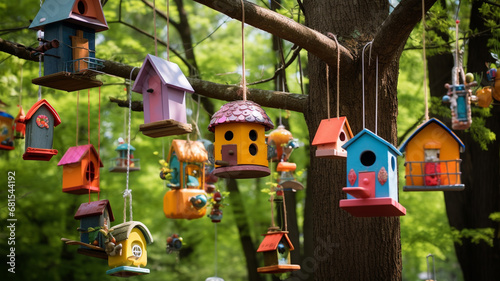 colorful bird house in a park, colorful birds in a garden © Hayk