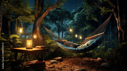 a hammock under the tree at night, a night time, the concept of relaxation in the evening.