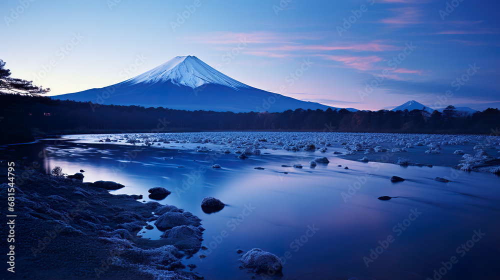 Fototapeta premium A Large Mountain Reflected in a Lake. Generative Ai