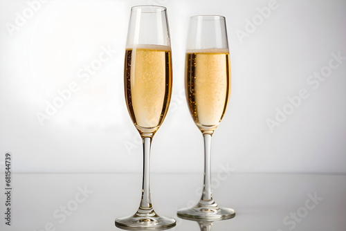 Two glasses of luxurious champagne, on clean background with empty space for designer text.