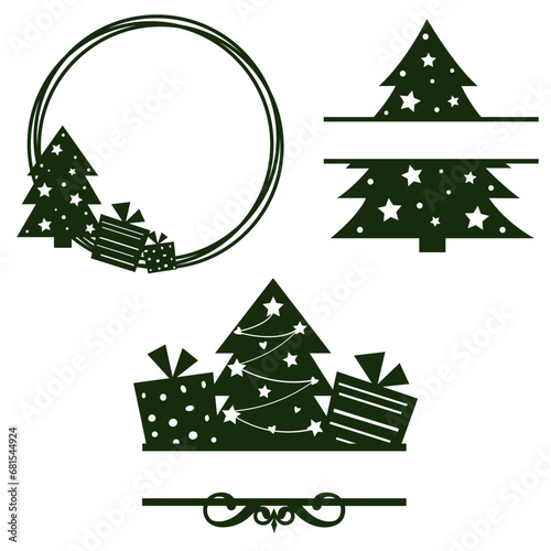 Christmas round wreath svg, Christmas tree split monogram, Set of winter decorative border, Papercut files, Holiday frame silhouette