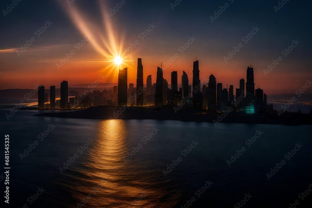 EdobSyFyCityLandscape, light rays, sunset, ocean, neon lights, lights, city lights, from behind, reflection, tower, silhouette