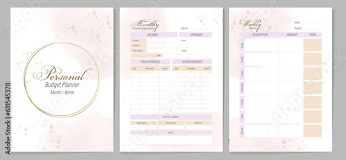 Cover and inside pages for personal budget planner. Delicate watercolor spots on white create an elegant look for the glider. Vector template for diaries, plans, checklists, notepads.