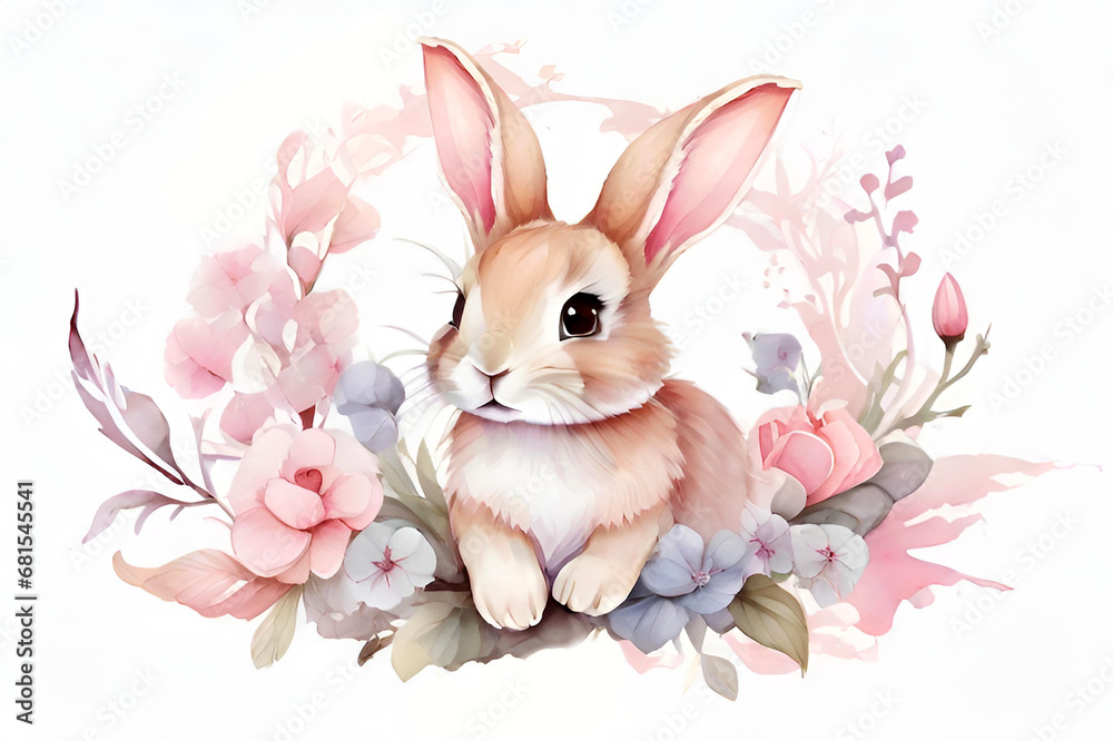 Obraz premium Cutie rabbit surrounded by flowers. Watercolor illustration on a white background.