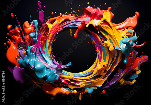 Liquid wave in the shape of a circle, curved motion flow explosion on a black background, abstract concept banner for presentation