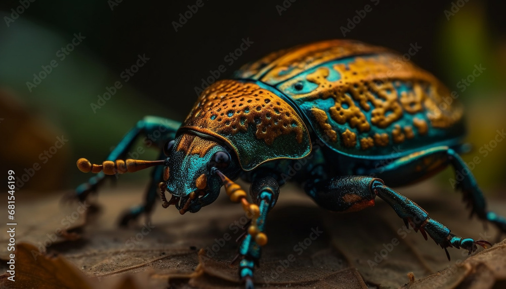Naklejka premium Small weevil crawling on green leaf, macro focus on foreground generated by AI