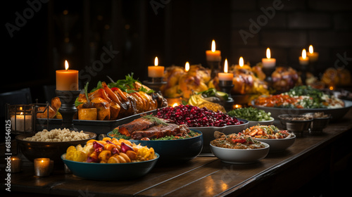 Thanksgiving dinner scene  a large wooden table adorned with a feast of turkey. Generative ai.