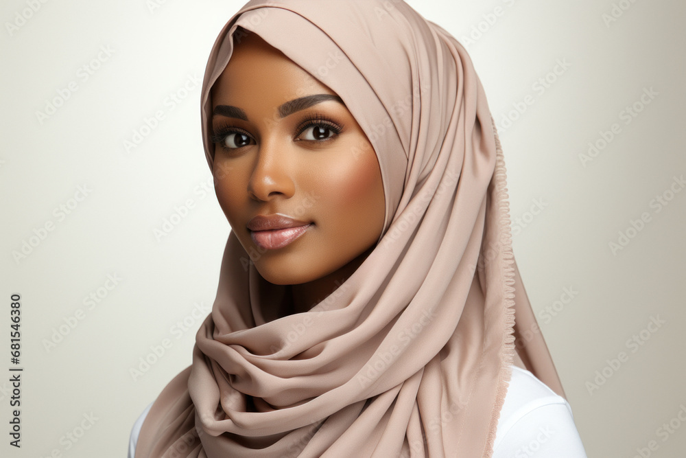 Portrait of a Muslim woman in a hijab on a light background