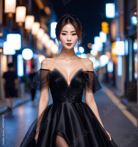portrait of beautiful japanese young model wearing luxury black dress on night street