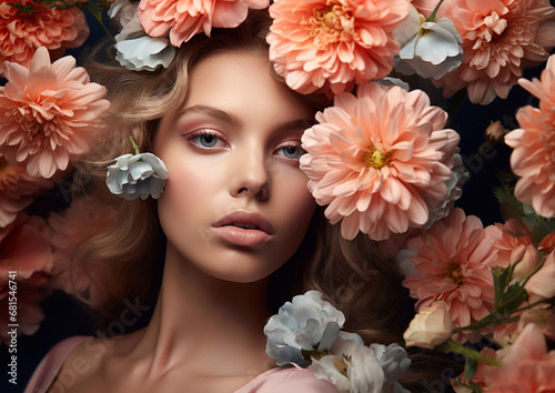 Beautiful woman with makeup and hairstyle with blossom flowers fashion beauty portrait.Macro.AI Generative.