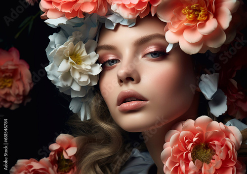 Beautiful woman with makeup and hairstyle with blossom flowers fashion beauty portrait.Macro.AI Generative.