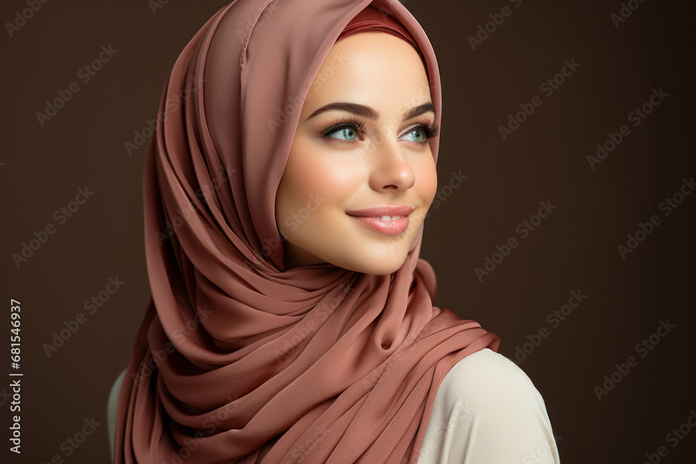 Naklejka premium Portrait of a Muslim woman in a hijab on a brown background