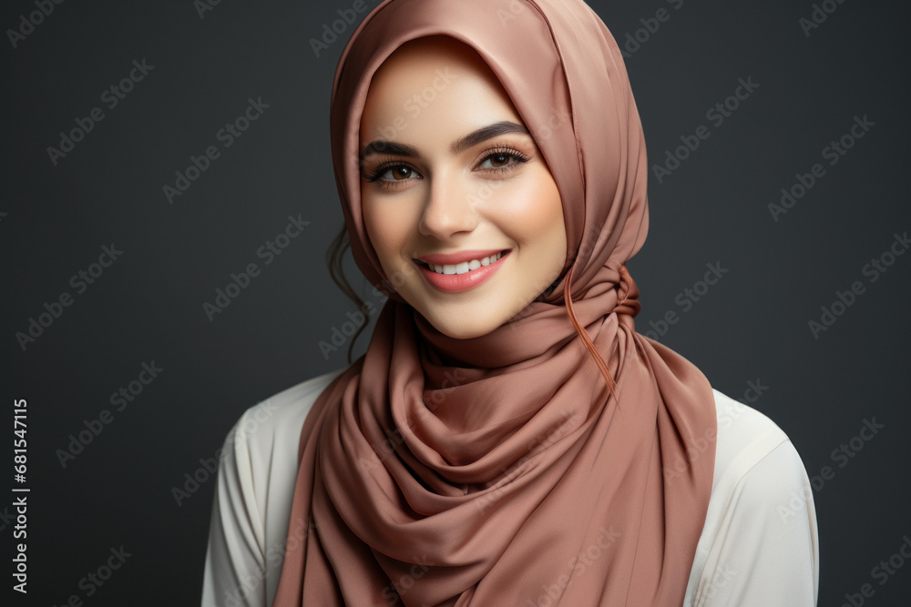 Portrait of a Muslim woman in a hijab on a dark grey background Portrait of a Muslim woman in a hijab on a dark grey background