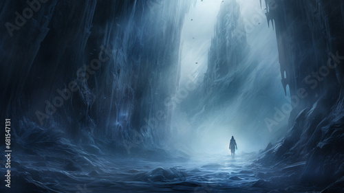 dark scene with a man in a dark cave. illustration