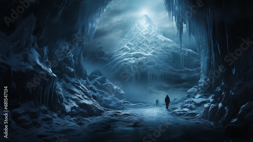 dark scene with a man in a dark cave. illustration photo