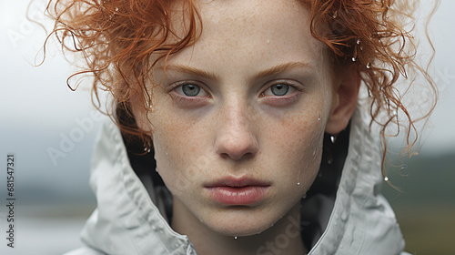 Portrait of redhead girl with very light skin and freckles. Close-up of young woman looking at the camera with freckled skin, light blue eyes and very white skin. Beautiful girl with Scottish or nort photo