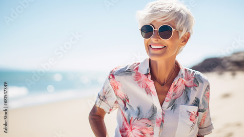 mature woman in sunglasses with straw bag on sandy beach