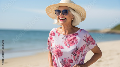 mature woman in sunglasses with straw bag on sandy beach