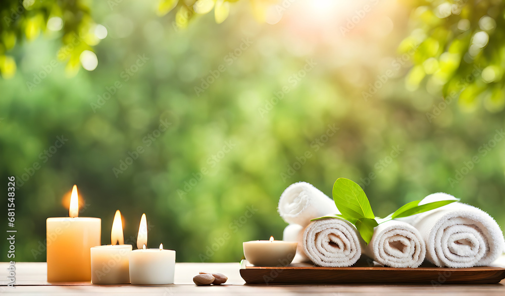 Relaxing spa set with blurred nature Relaxing spa set with blurred nature