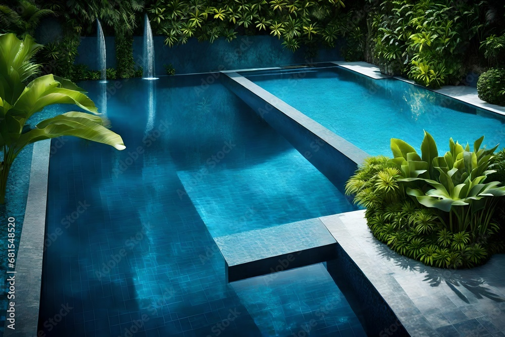 Luxury blue swimming pool in tropical garden naturally HD glow - obrazy, fototapety, plakaty 