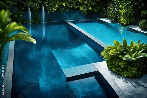 Luxury blue swimming pool in tropical garden naturally HD glow photo