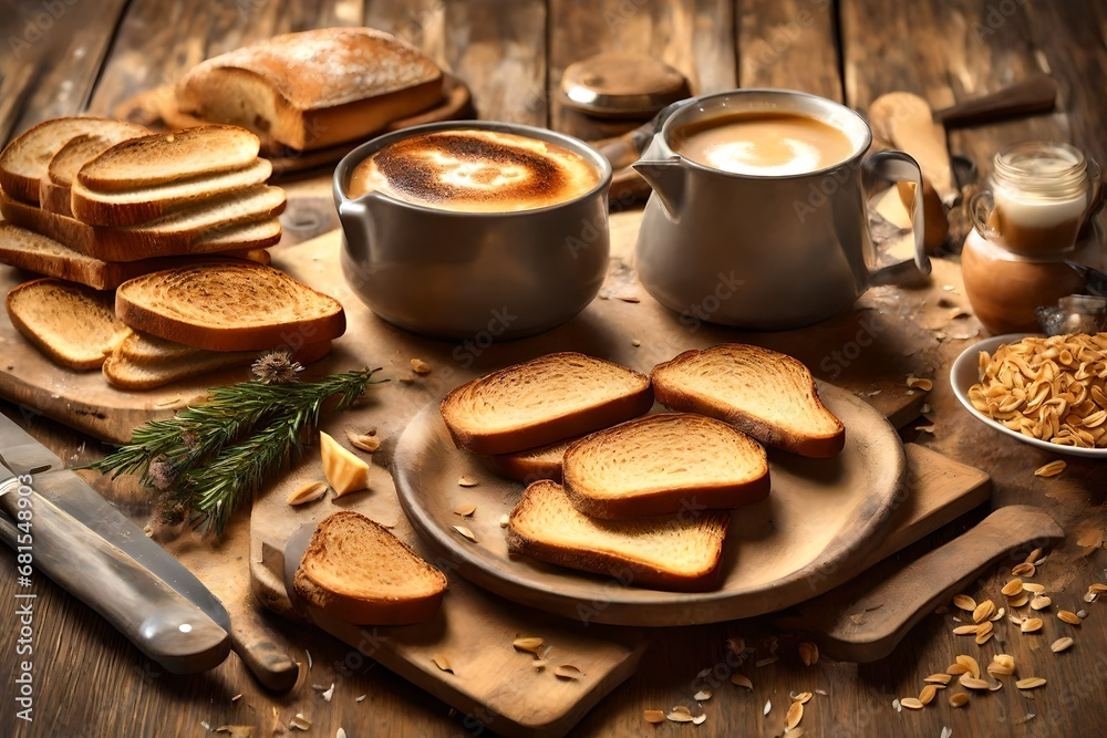 Toasted bread wishes good morning, cup of coffee Toasted bread wishes good morning, cup of coffee