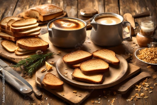 Toasted bread wishes good morning, cup of coffee