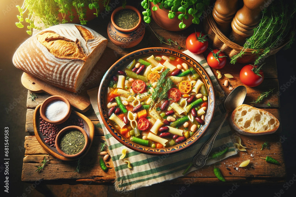 Vegetable Minestrone with Italian Charm. Illustration for banner, food menu background, poster, brochure, cover photo.