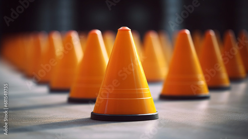 yellow and black traffic cones on the asphalt in the evening.