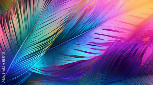 Natural, palm leaves and tropical iridescent plants shape background for wallpaper, design and backdrop. Colourful, holographic and futuristic closeup 3d render of foliage for creativity and graphics