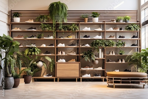 A modern retail store with a fashionable interior, offering a diverse collection of fashionable footwear. photo