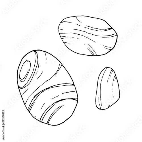 Stone outline set. Vector illustration of pebble. Hand drawn graphic clipart of marble rock. Linear drawing on isolated background. Black contour line art
