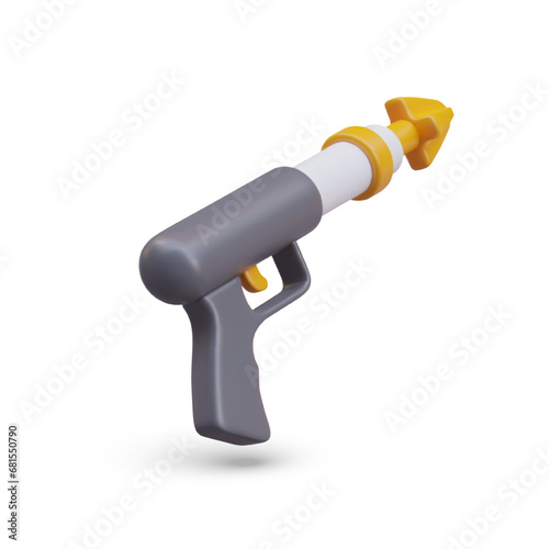 Spearfishing harpoon, hunt in sea. Weapon for underwater fishing concept. Weapon in black color with yellow arrow. Vertical vector illustration in 3D style