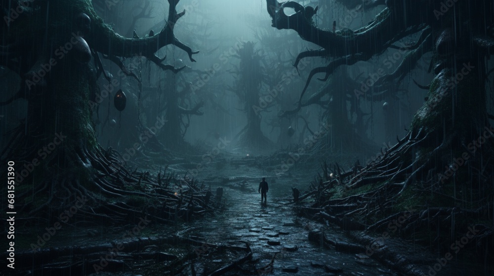 a dark forest in a rain storm H.R.Giger style.Generative AI