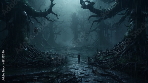 a dark forest in a rain storm H.R.Giger style.Generative AI