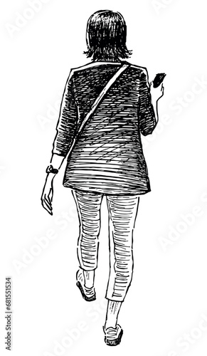 Sketch of casual young city woman with smartphone walking along street