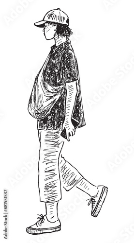 Sketch of casual young modern city girl with smartphone walking outdoors on summer day
