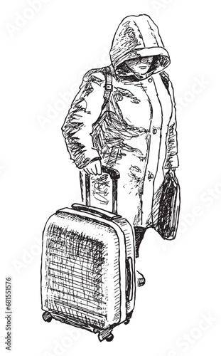 Sketch of elderly woman with suitcase standing outdoors