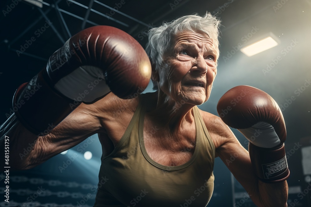 Senior Woman Showcasing Strength and Determination in Boxing Gym
