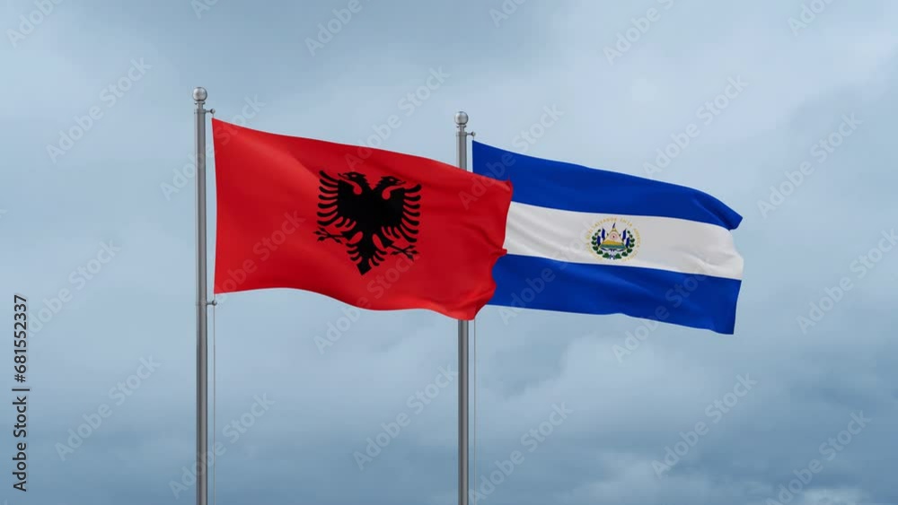 Republic of El Salvador and Albania flag waving together on cloudy sky, endless seamless loop, two country cooperation concept Republic of El Salvador and Albania flag waving together on cloudy sky, endless seamless loop, two country cooperation concept
