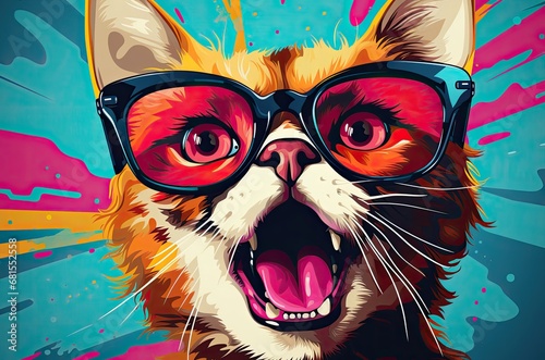 Pop Art Cat with Nerdy Glasses and a Wide-Open Mouth Generative AI © Johnathan