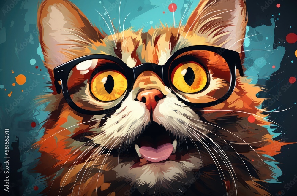Pop Art Cat Wearing Glasses in Vibrant Colors Generative AI