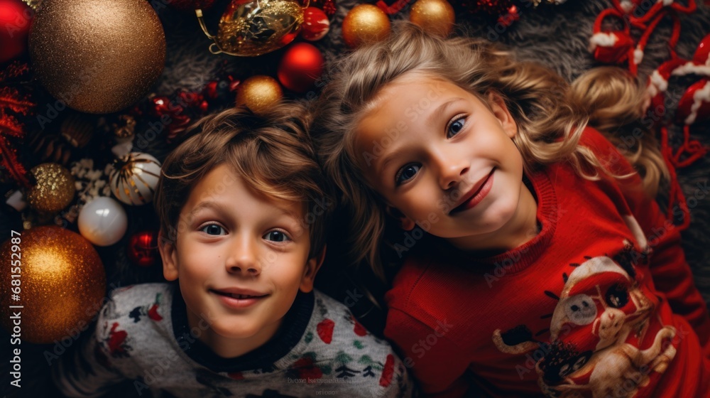 children playing on a carpet with Christmas decorations, drone view children playing on a carpet with Christmas decorations, drone view
